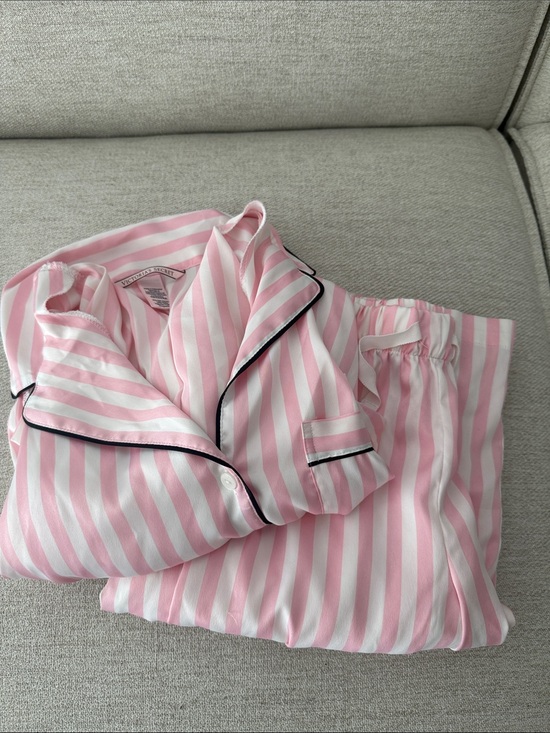 Victoria's Secret Other - VICTORIA SECRET Striped Pink and White Satin Pajama Set with Black Trim